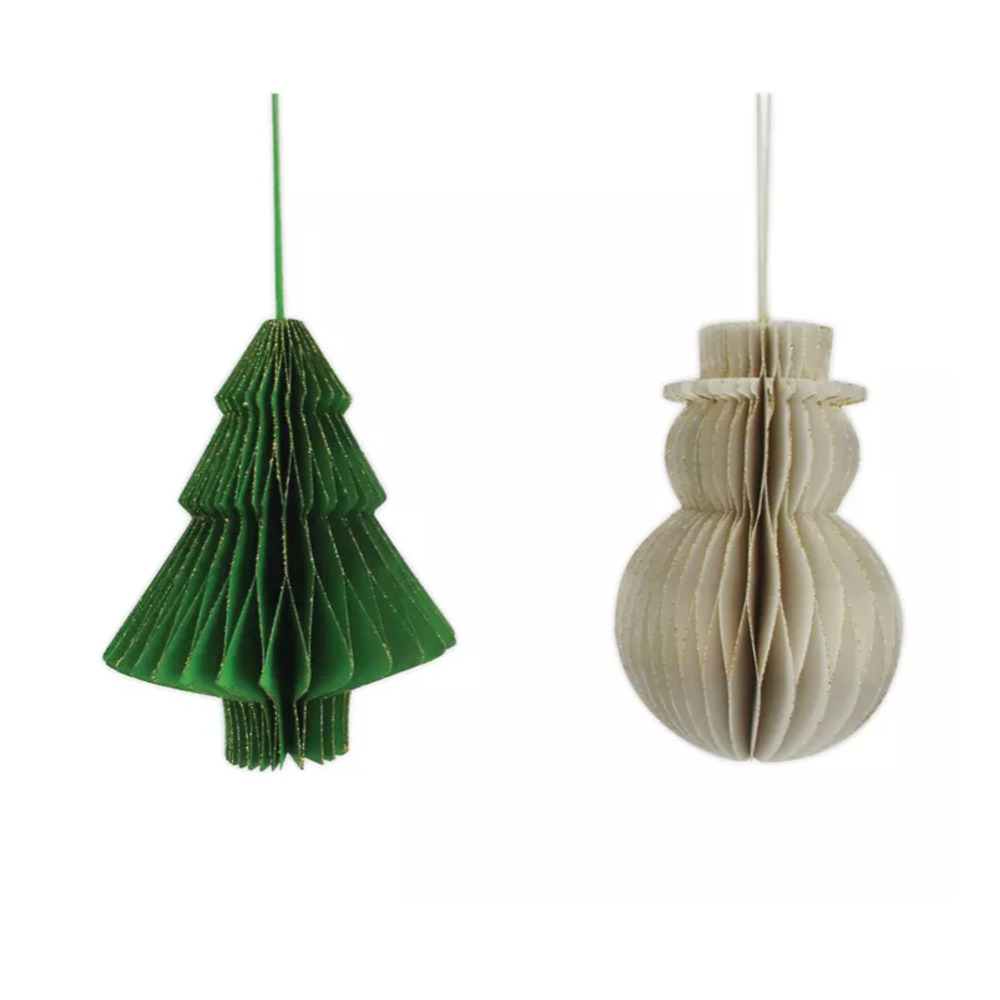 H For Happy Set Of 2 Christmas 4" Paper Tree Snowman Ornaments Green Holiday NEW